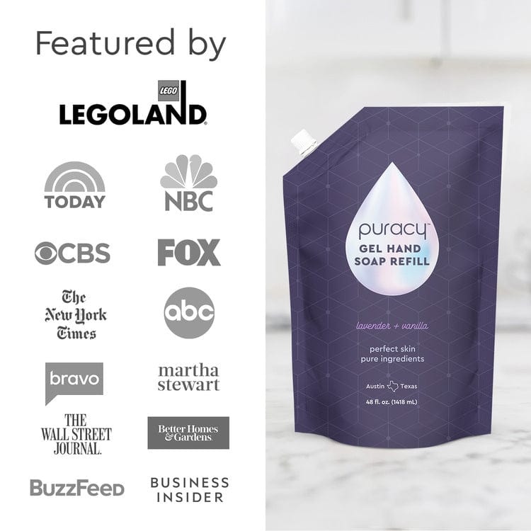 Puracy Gel Hand Soap in a clear dispenser, featuring smooth gel formula with a clean, fresh scent, perfect for handwashing.
