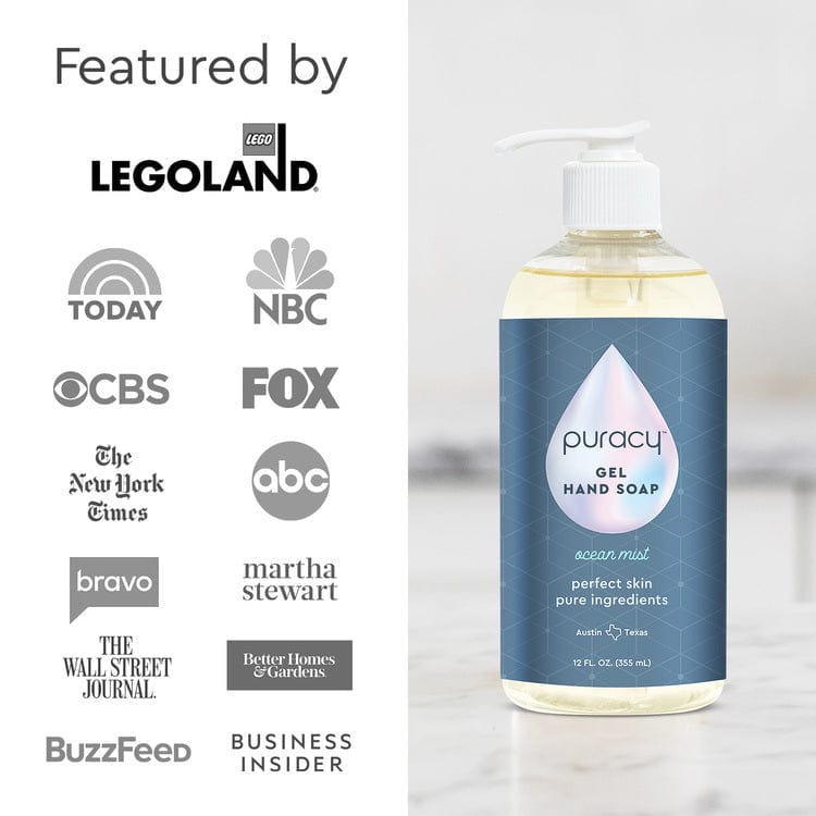 Puracy Gel Hand Soap in a clear pump bottle with a white label, showing the soap&