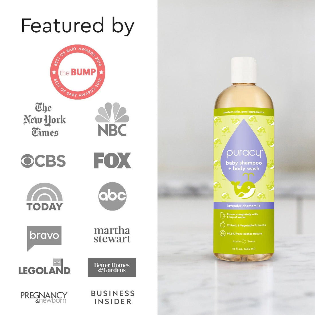 Puracy baby shampoo and body wash bottle, tear-free formula, gentle for delicate baby skin and hair.