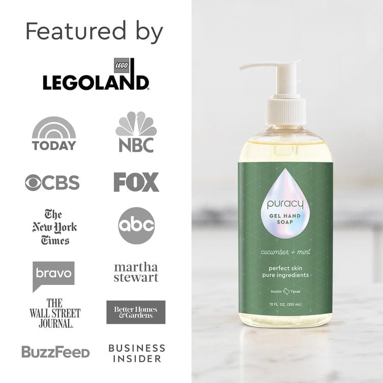 Puracy Gel Hand Soap in a clear pump bottle with white label, showing the hand soap gel inside.