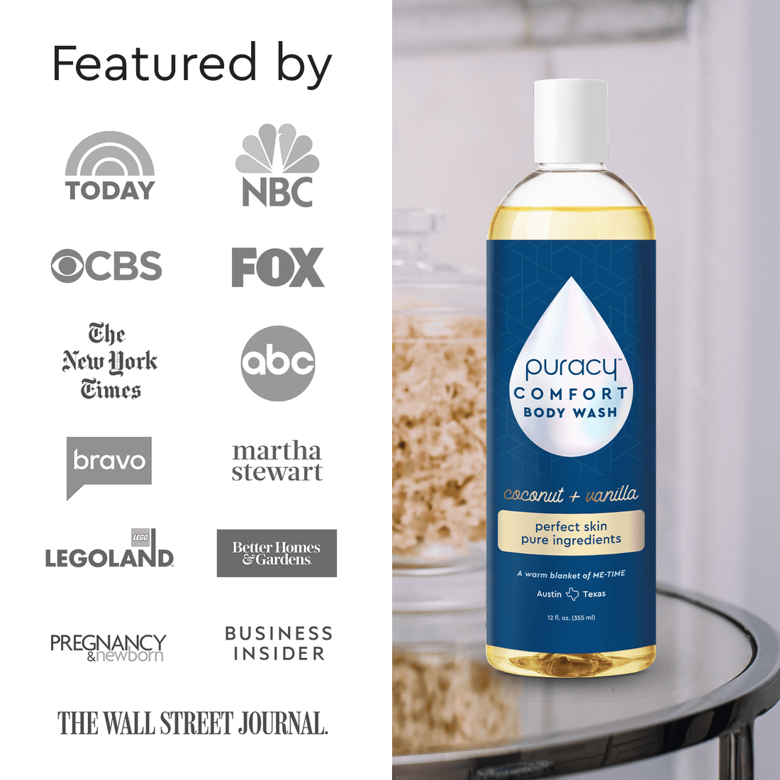 Puracy acidified, pH balanced body wash with gentle, hydrating formula, shown in a clear bottle with pump dispenser.