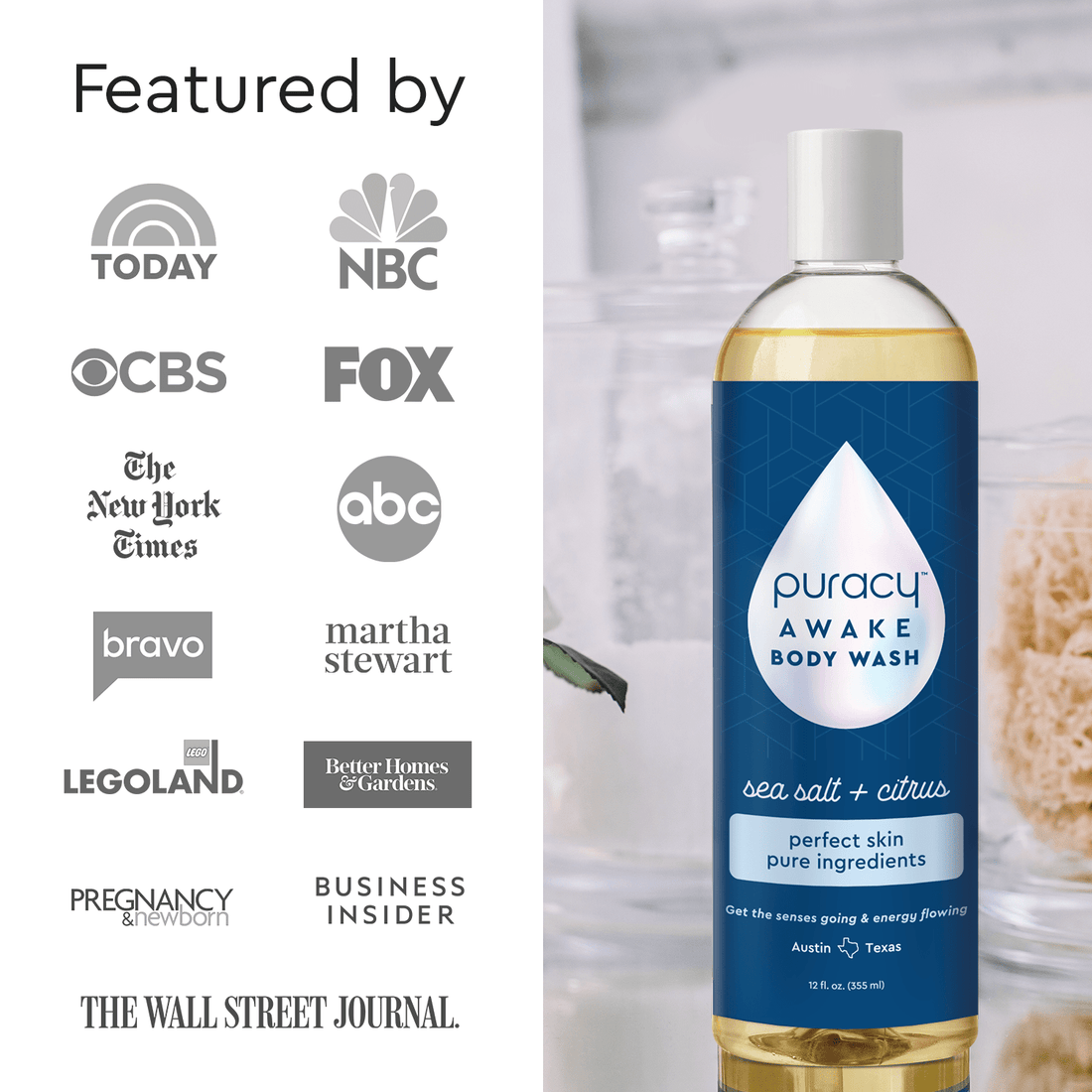 Puracy acidified pH-balanced body wash with natural ingredients, shown in a clear pump bottle, ideal for gentle skin cleansing.
