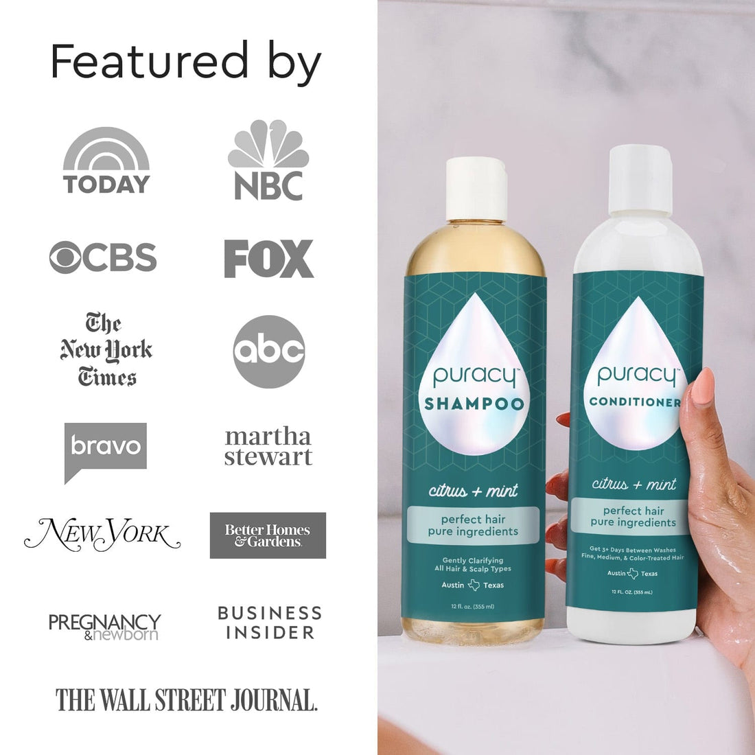 Puracy conditioner with silicone-free, sulfate-free, and dimethicone-free formula, shown in a sleek bottle on a white background.