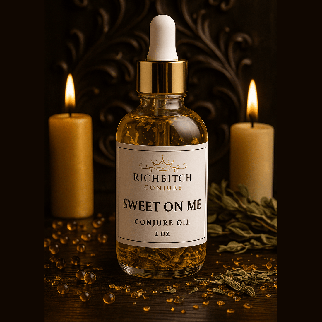Rich Bitch Conjure Sweet On Me luxury hoodoo oil bottle with honeysuckle and pink sugar notes for attraction and faithfulness.