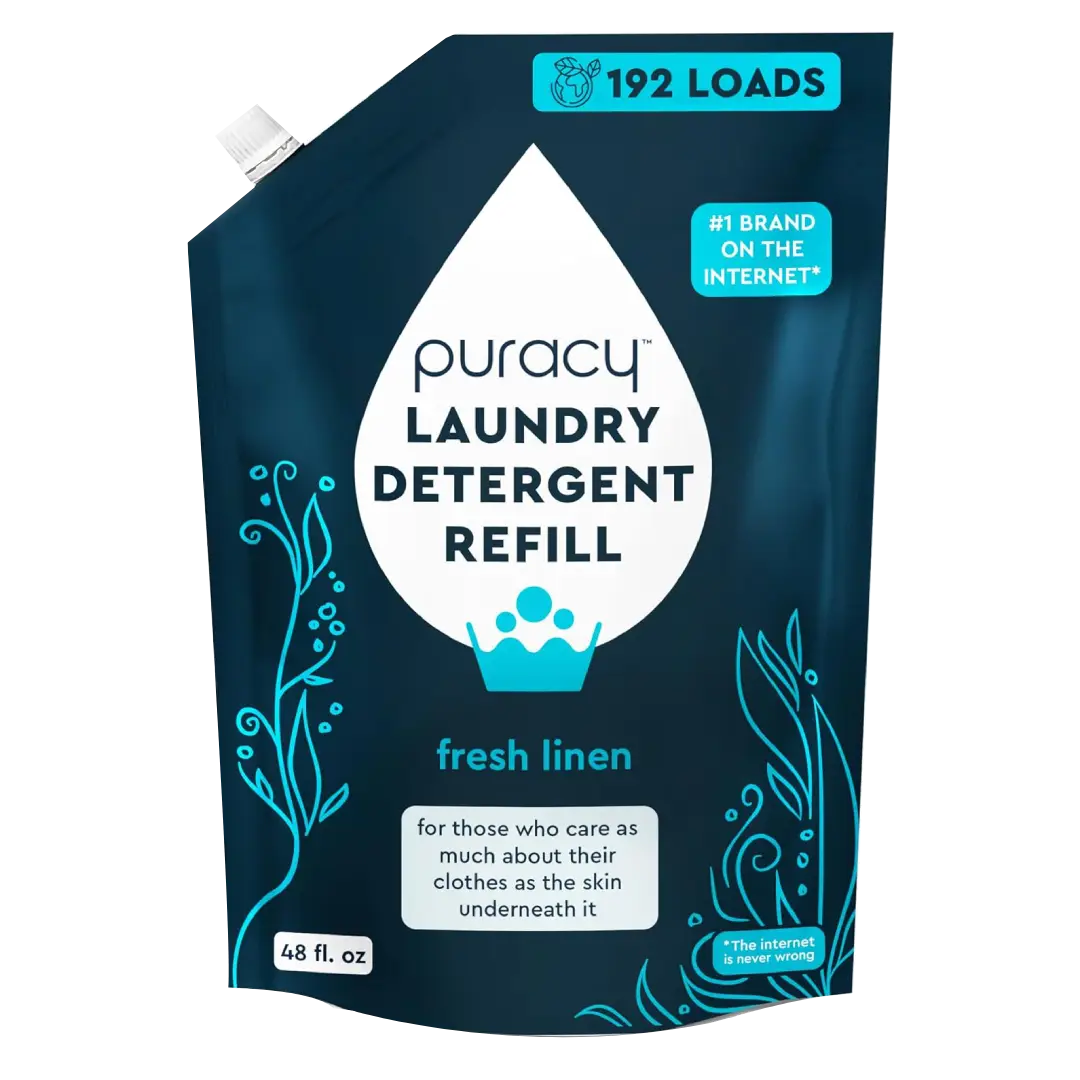 Puracy concentrated sulfate-free laundry detergent in a 48oz bottle, fresh scent, suitable for all laundry types.