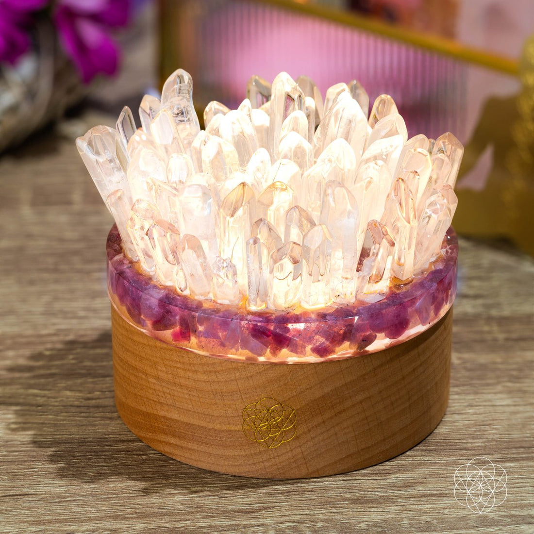 Find My Peace quartz and tourmaline night light with blooming floral design, providing calming illumination for relaxation.