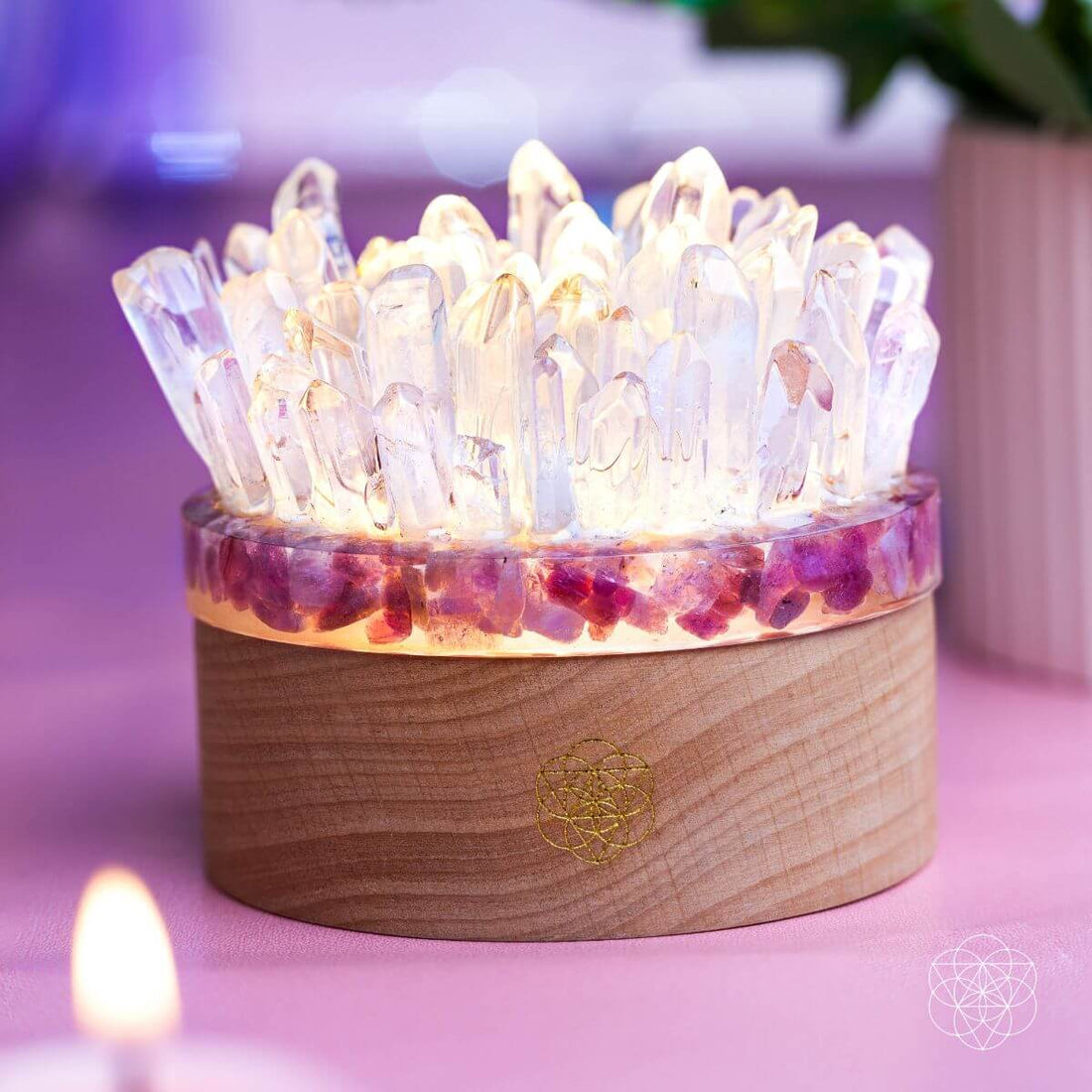 Find My Peace Quartz and Tourmaline night light by Conscious Items, with a blooming floral design illuminating a calming glow.