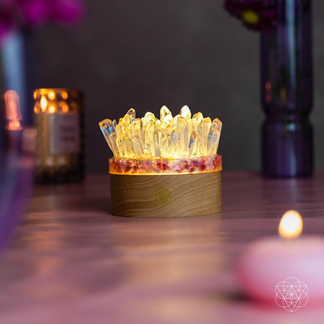 Find My Peace quartz and tourmaline night light from Conscious Items, featuring a blooming tranquility design with glowing crystals.