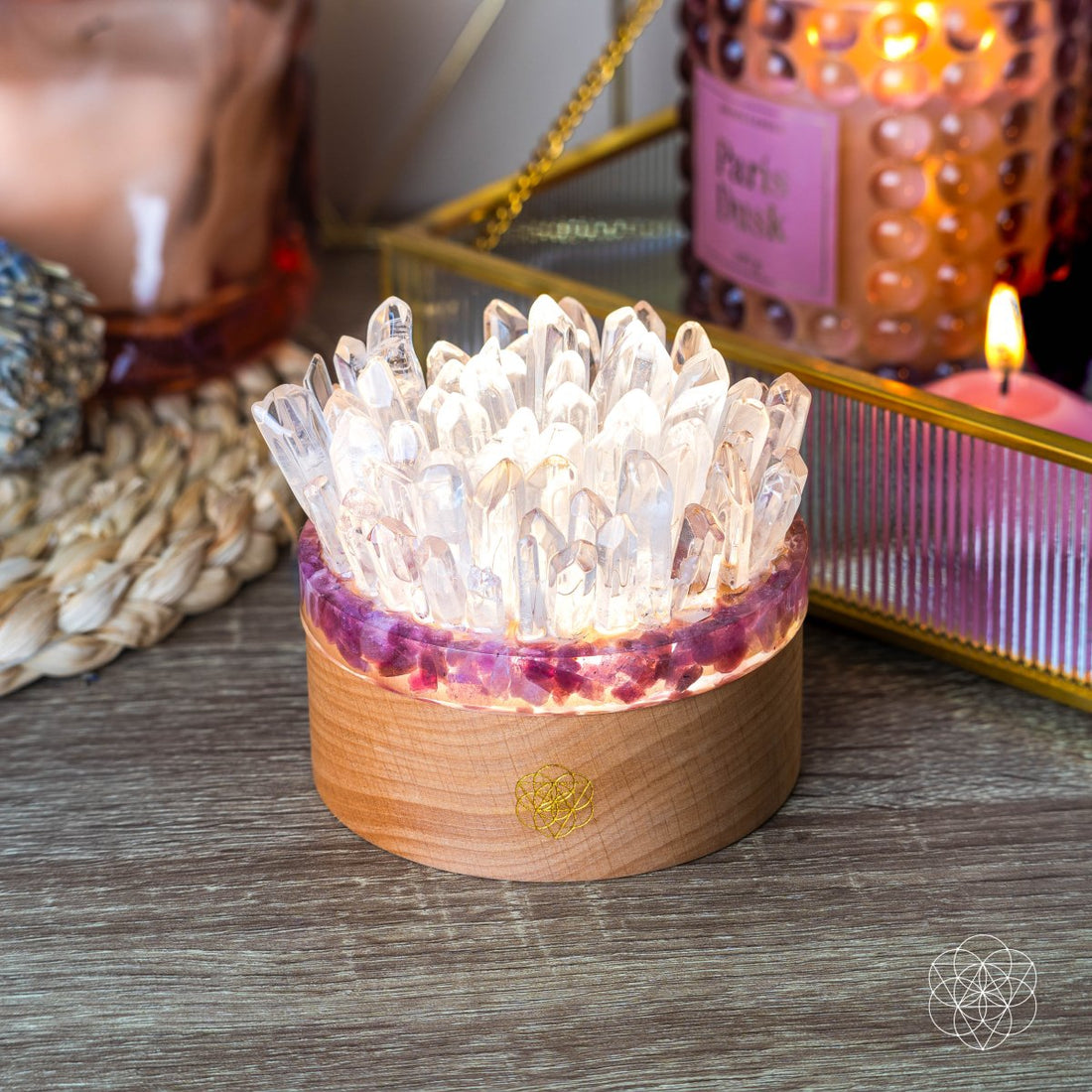 Quartz and tourmaline night light from Conscious Items, featuring a blooming tranquility lamp with vibrant crystal details.