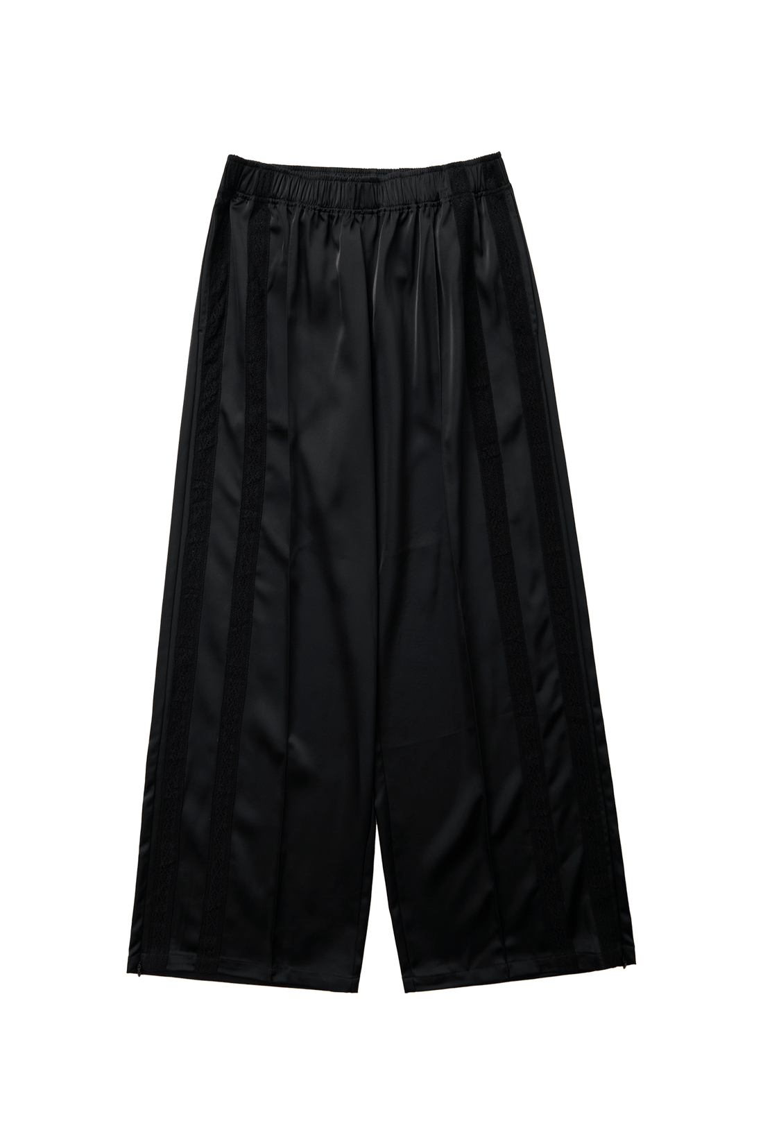 Black Leiseu track pants by findmenowthelabel, flat lay showing elastic waistband and relaxed fit for casual wear.
