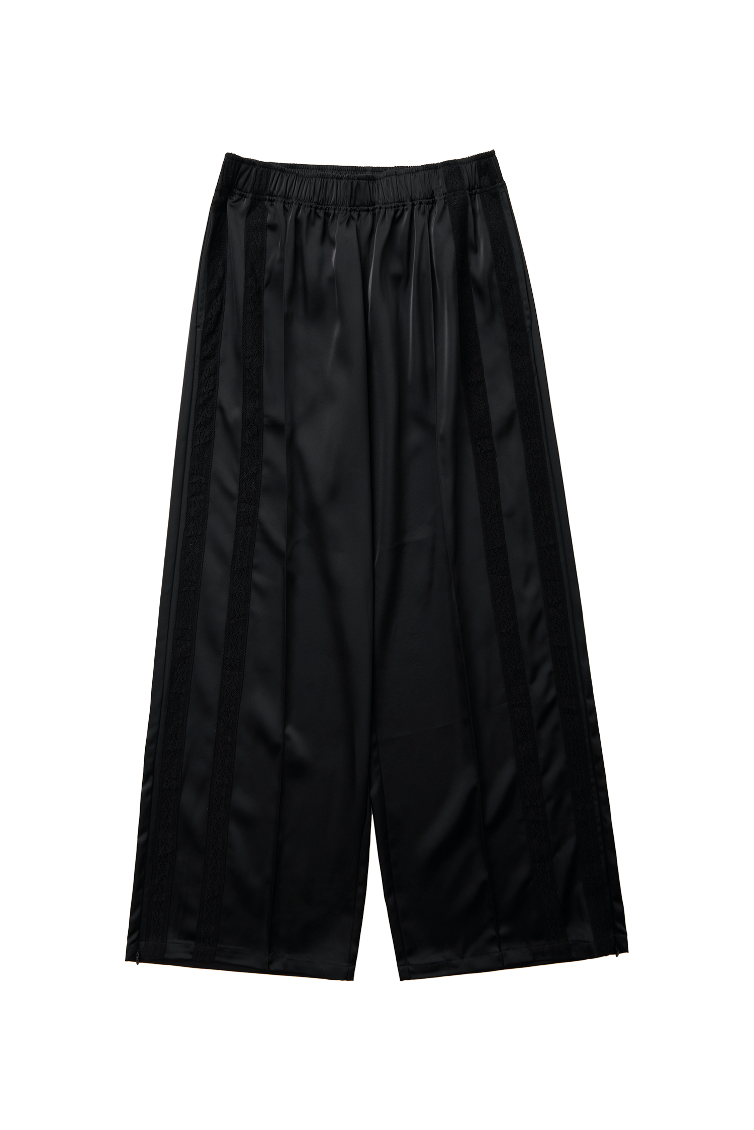 Black Leiseu track pants by findmenowthelabel, flat lay showing elastic waistband and relaxed fit for casual wear.