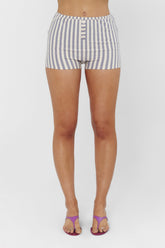 FindmeNowthelabel Jaci Shorts in Seaside Stripe, dusty blue bottoms with a relaxed fit and soft fabric for casual wear.