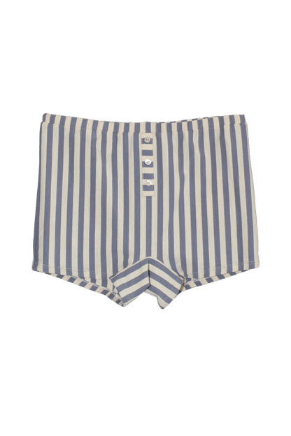 Findmenowthelabel Jaci Shorts in Seaside Stripe, dusty blue bottoms with a relaxed fit and stylish pattern.