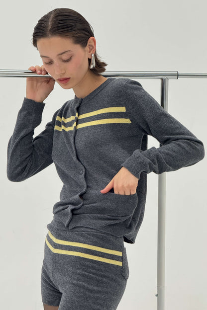 Charcoal and butter striped cashmere wool cardigan from findmenowthelabel, featuring a cozy knitwear design with a button front.