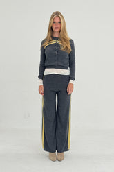 Findmenowthelabel cashmere wool stripe cardigan in charcoal and butter, featuring a cozy knitwear design with bold stripe pattern.
