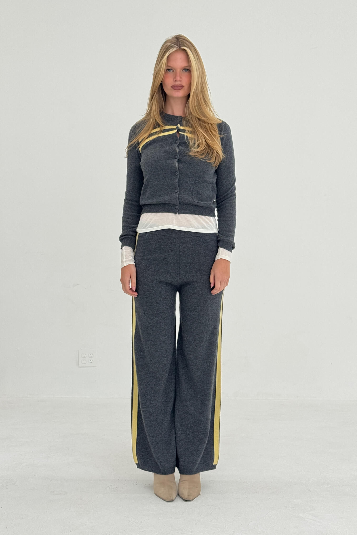 Findmenowthelabel cashmere wool stripe cardigan in charcoal and butter, featuring a cozy knitwear design with bold stripe pattern.