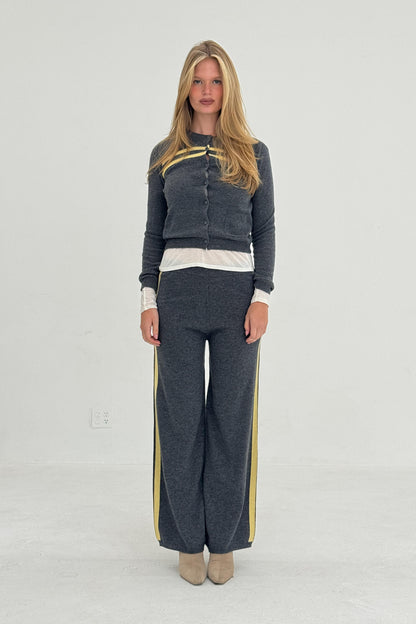 Findmenowthelabel cashmere wool stripe cardigan in charcoal and butter, featuring a cozy knitwear design with bold stripe pattern.