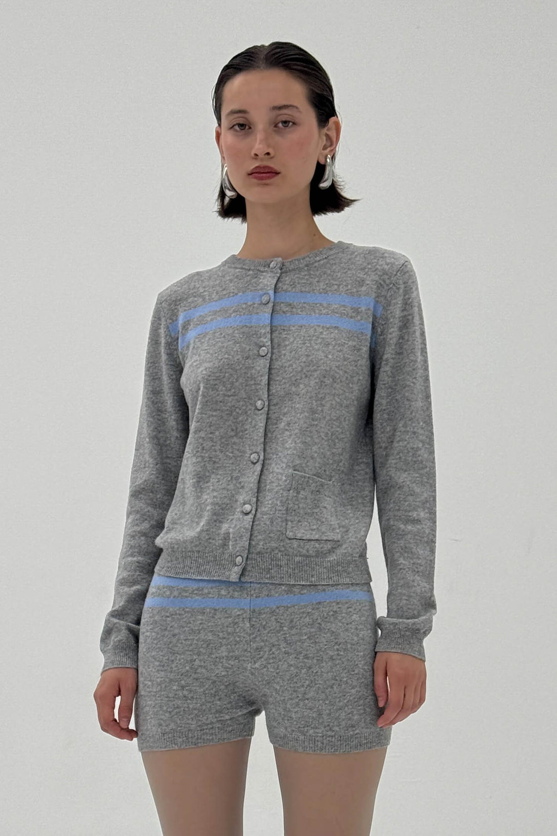 Heathergrey and cotton blue striped cashmere wool cardigan from findmenowthelabel, featuring a cozy knitwear design.