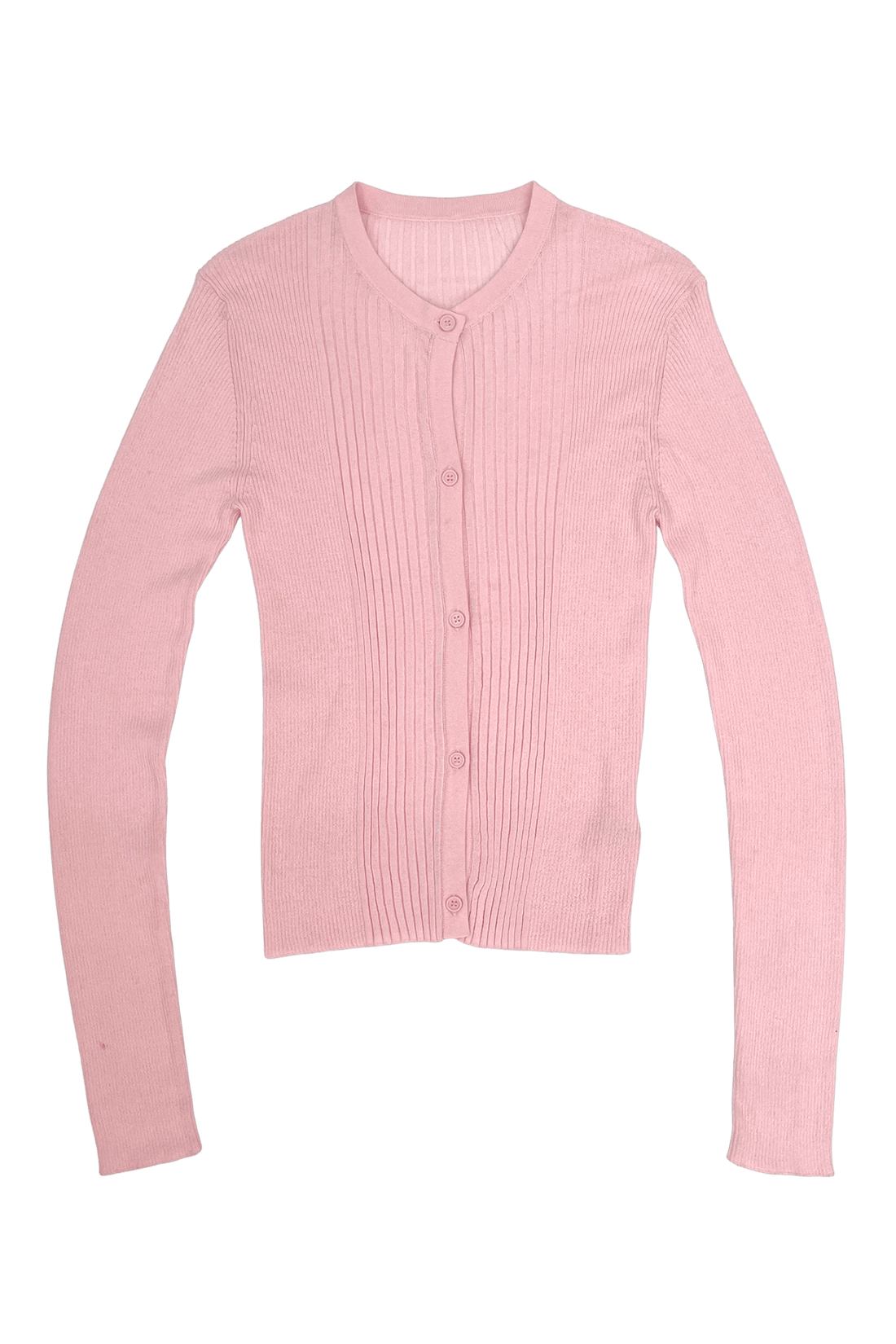 Powder pink ribbed knit cardigan by findmenowthelabel, featuring a cozy, textured knitwear design with a relaxed fit.