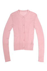 Powder pink ribbed knit cardigan by findmenowthelabel, featuring a cozy, textured knitwear design with a relaxed fit.