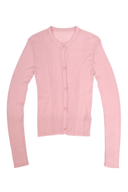 Powder pink ribbed knit cardigan by findmenowthelabel, featuring a cozy, textured knitwear design with a relaxed fit.