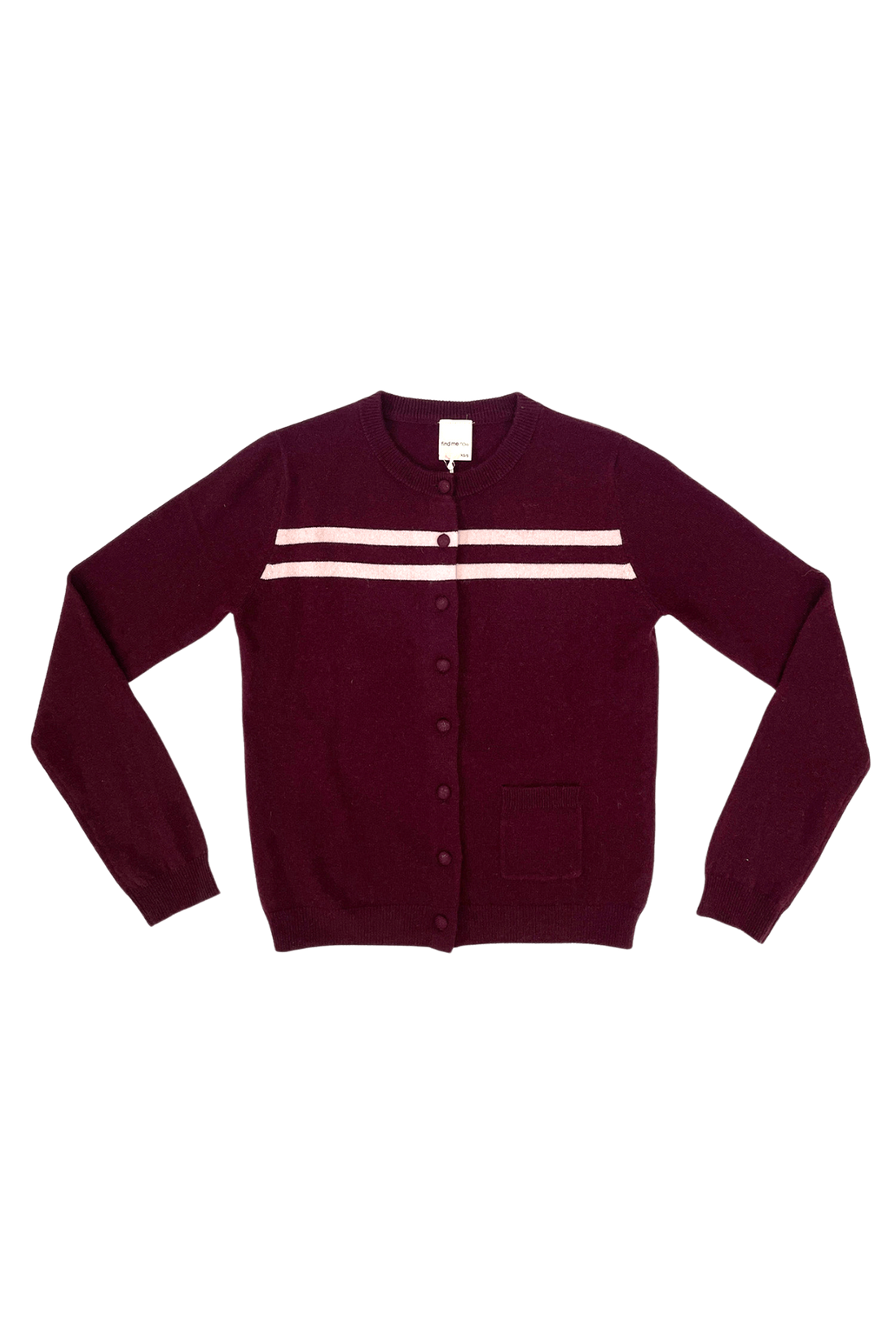 Findmenowthelabel cashmere wool stripe cardigan in raspberry cream, featuring cozy knitwear with colorful striped pattern.