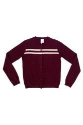 Findmenowthelabel cashmere wool stripe cardigan in raspberry cream, featuring cozy knitwear with colorful striped pattern.