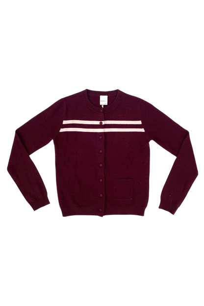 Findmenowthelabel cashmere wool stripe cardigan in raspberry cream, featuring cozy knitwear with colorful striped pattern.