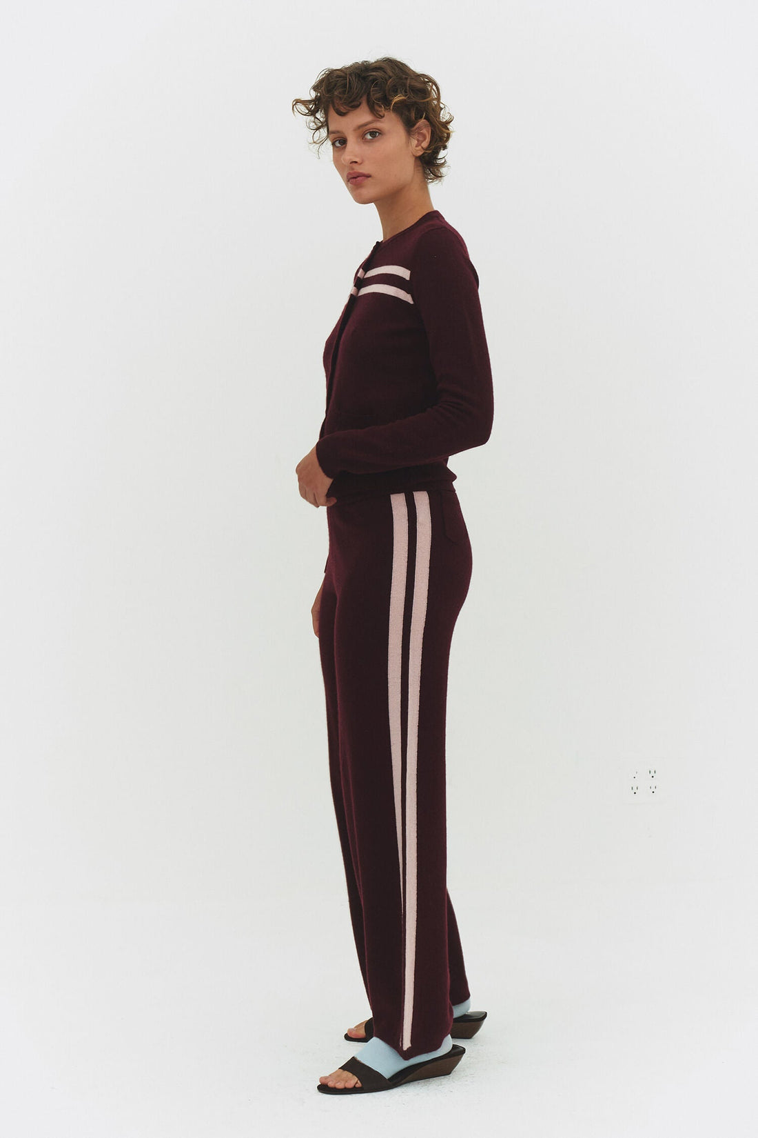 Findmewthelabel cashmere wool stripe cardigan in raspberry cream, featuring soft knitwear with colorful stripe pattern.