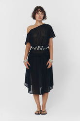 Black findmenowthelabel Brisa top shown on a model, featuring a stylish, fitted design with sleeveless cut and V-neck detail.