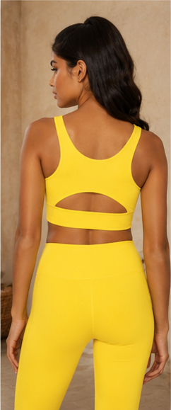 Fitkitty Culture Breathe Easy cut-out back sports bra in Lycra® blend, designed for activewear and yoga workouts.