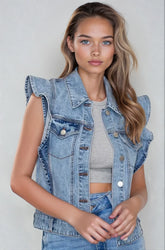 Light denim Victorian charm ruffle-trim sleeveless vest jacket from Fitkitty Culture, featuring ruffle details and casual denim style.