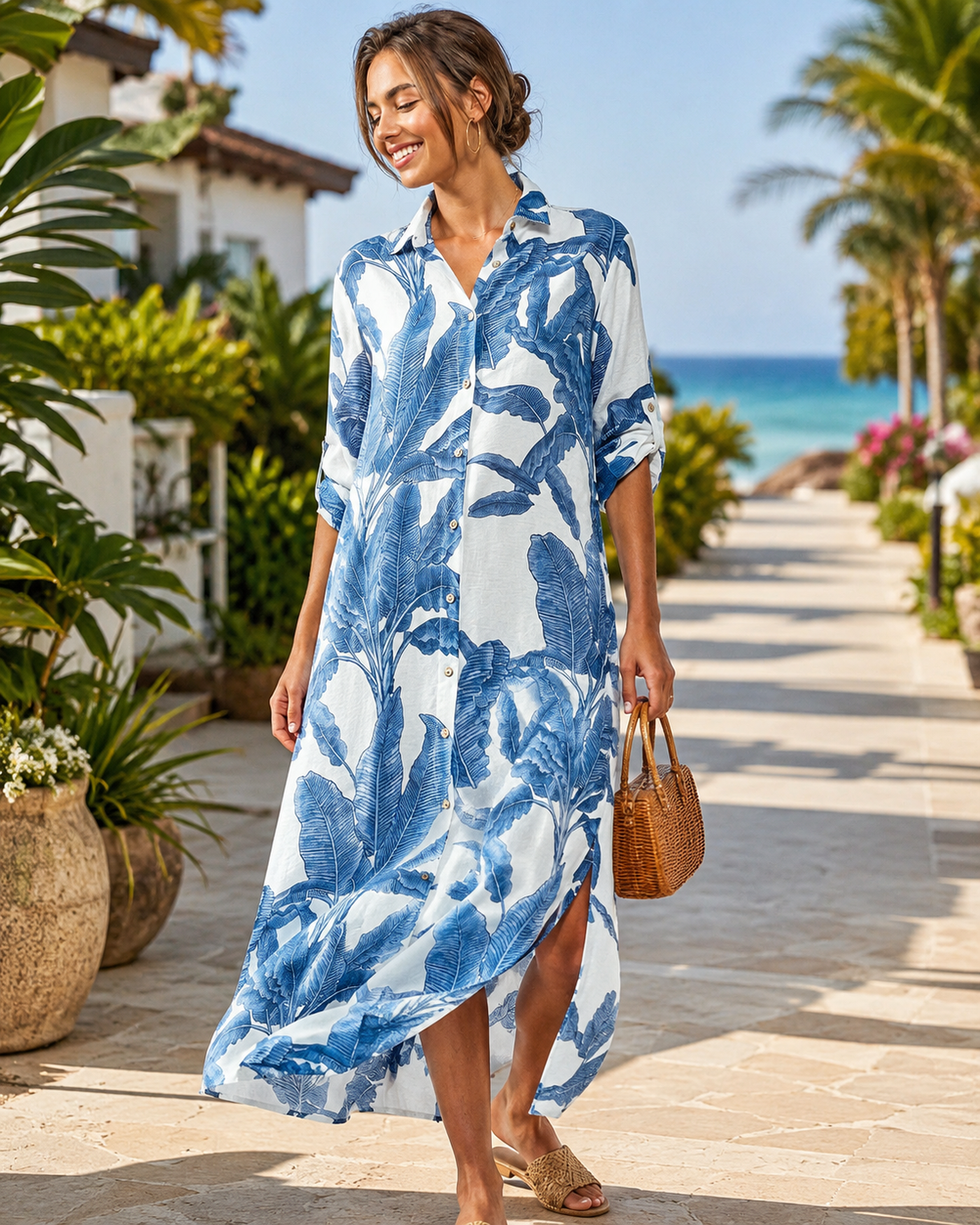 Tropical palm leaf button-down midi dress by Fitkitty Culture with a relaxed fit, perfect for resort or spring wear.