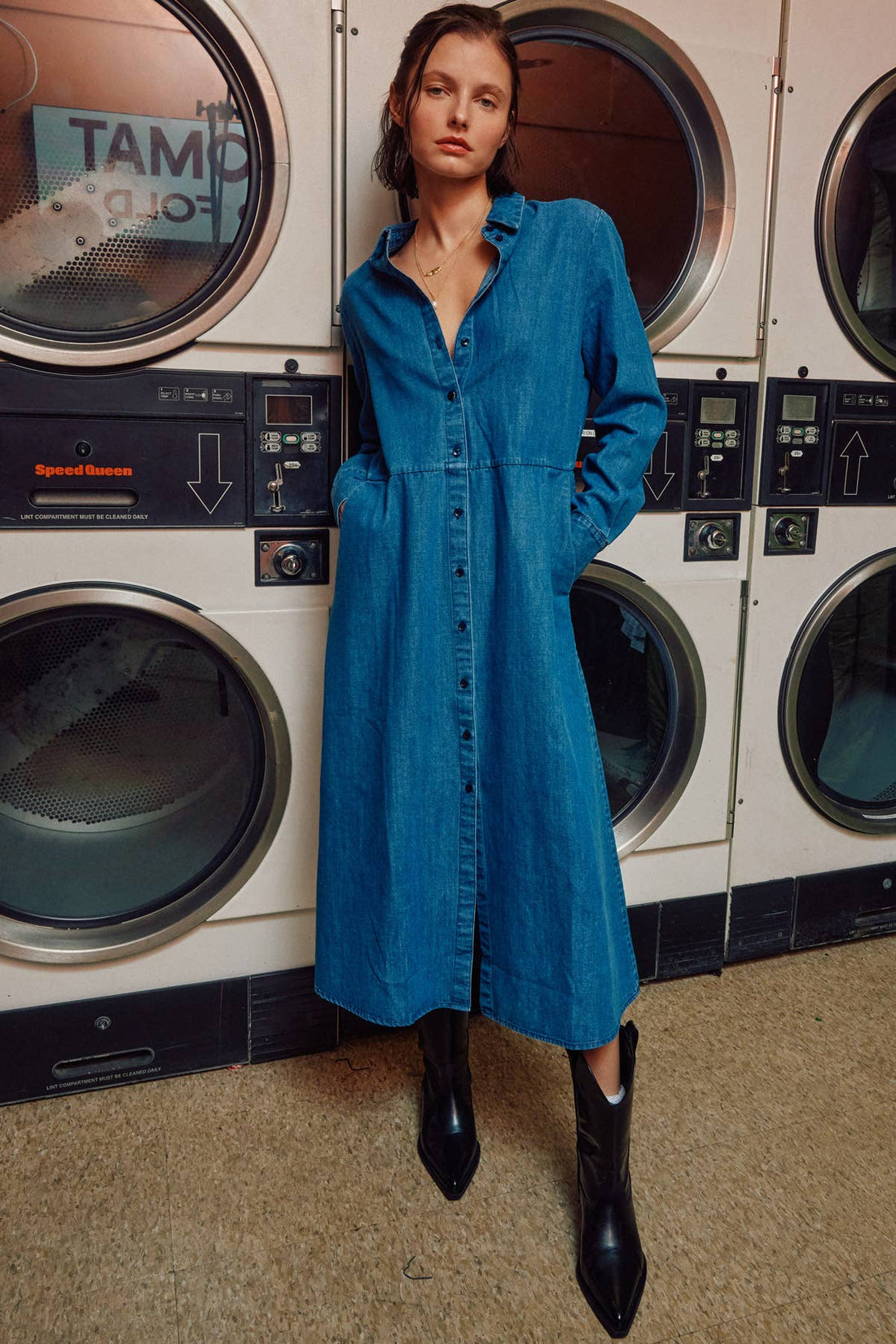 Fitkitty Culture denim shirt dress from The Sunday Stroll collection, casual long-sleeve with collar and button-front design.