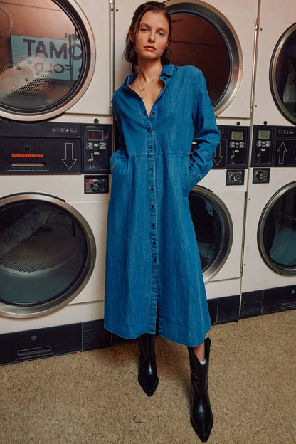 Fitkitty Culture denim shirt dress from The Sunday Stroll collection, casual long-sleeve with collar and button-front design.