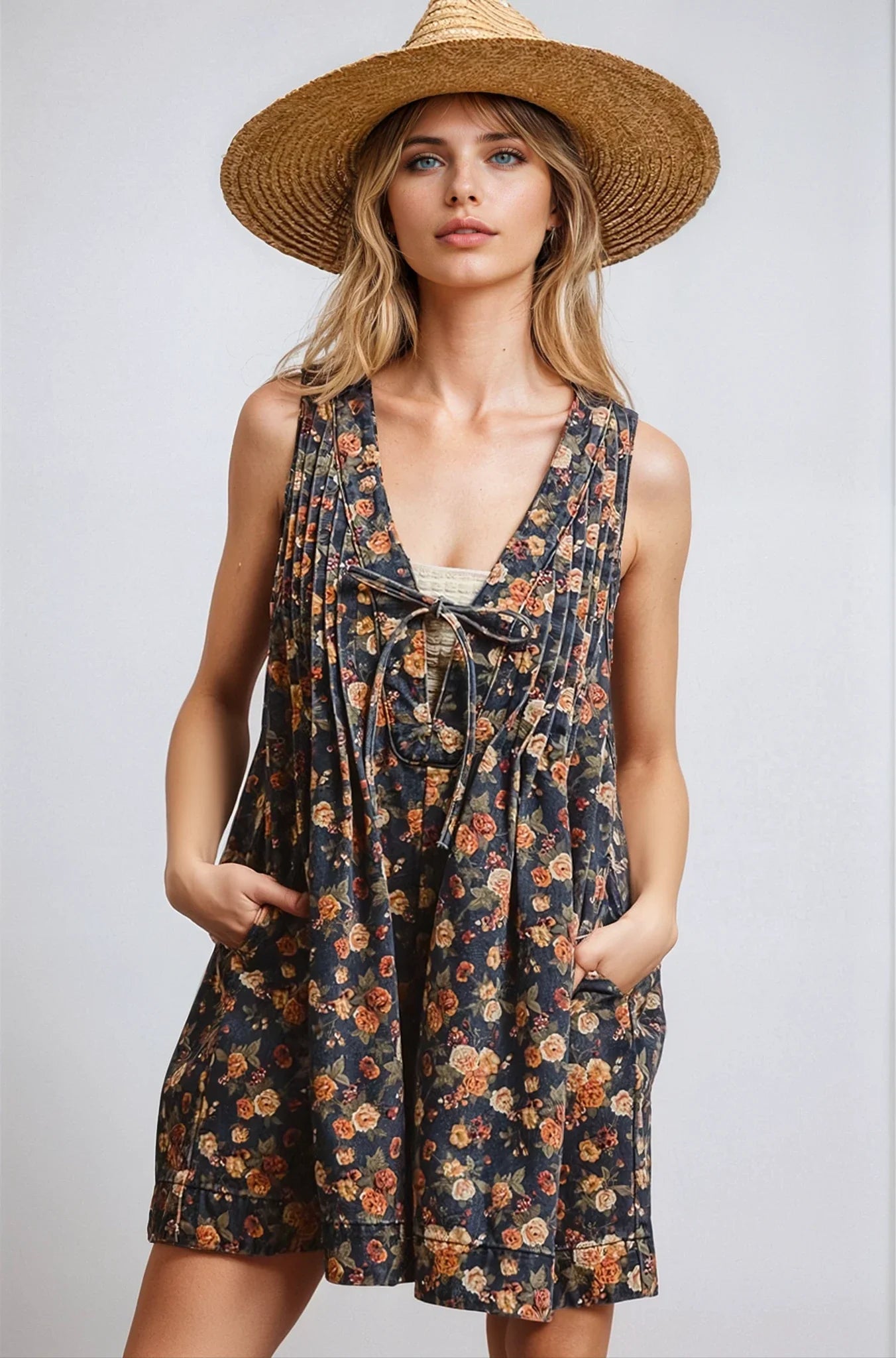 Vintage Bloom denim romper from Fitkitty Culture Athleisure Wear, featuring a casual sleeveless design with floral print.