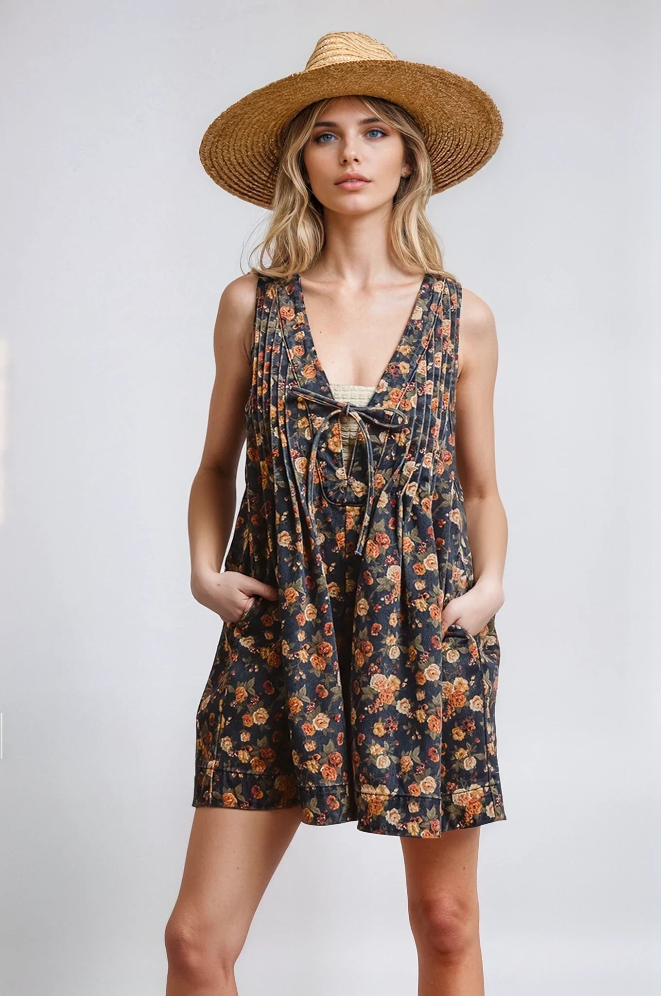 Vintage Bloom denim romper by Fitkitty Culture, featuring a sleeveless design, floral embroidery, and casual fit.