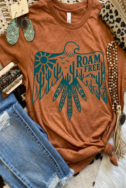 Fitkitty Culture Roam Free Tee with boho-western style featuring an eagle graphic on a casual women&