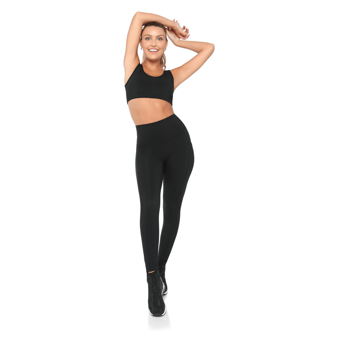 Black BodyLove high-rise leggings from Fitkitty Culture, showing a close-up of the stretchy, form-fitting yoga and athleisure wear.