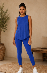 Blue sheer striped mesh active tank top with cut-out back from Fitkitty Culture, perfect for yoga and activewear.