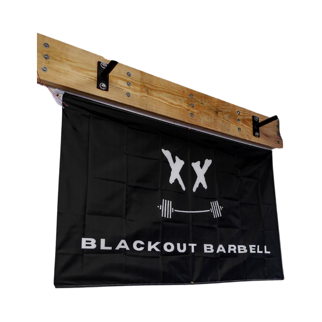 Blackout Barbell BXXB Gym Flag with black and white logo design, suitable for gym decor or display.