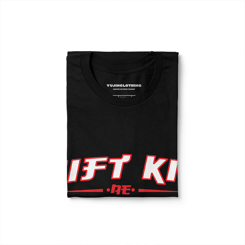 Yūjin Clothing Drift King T-Shirt featuring a graphic design of a racing car and drift scene on a casual cotton T-shirt.
