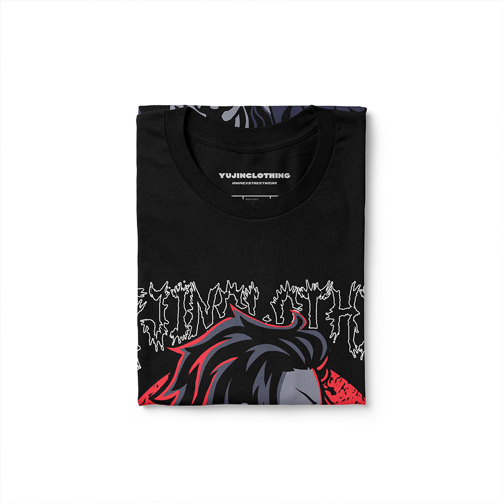 Yūjin Clothing Night Creeper T-Shirt featuring a dark, intricate design on a comfortable black cotton fabric.