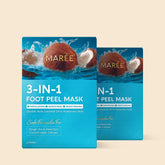 Maree exfoliating and hydrating foot mask peel with soft, rejuvenated feet visible in the image.