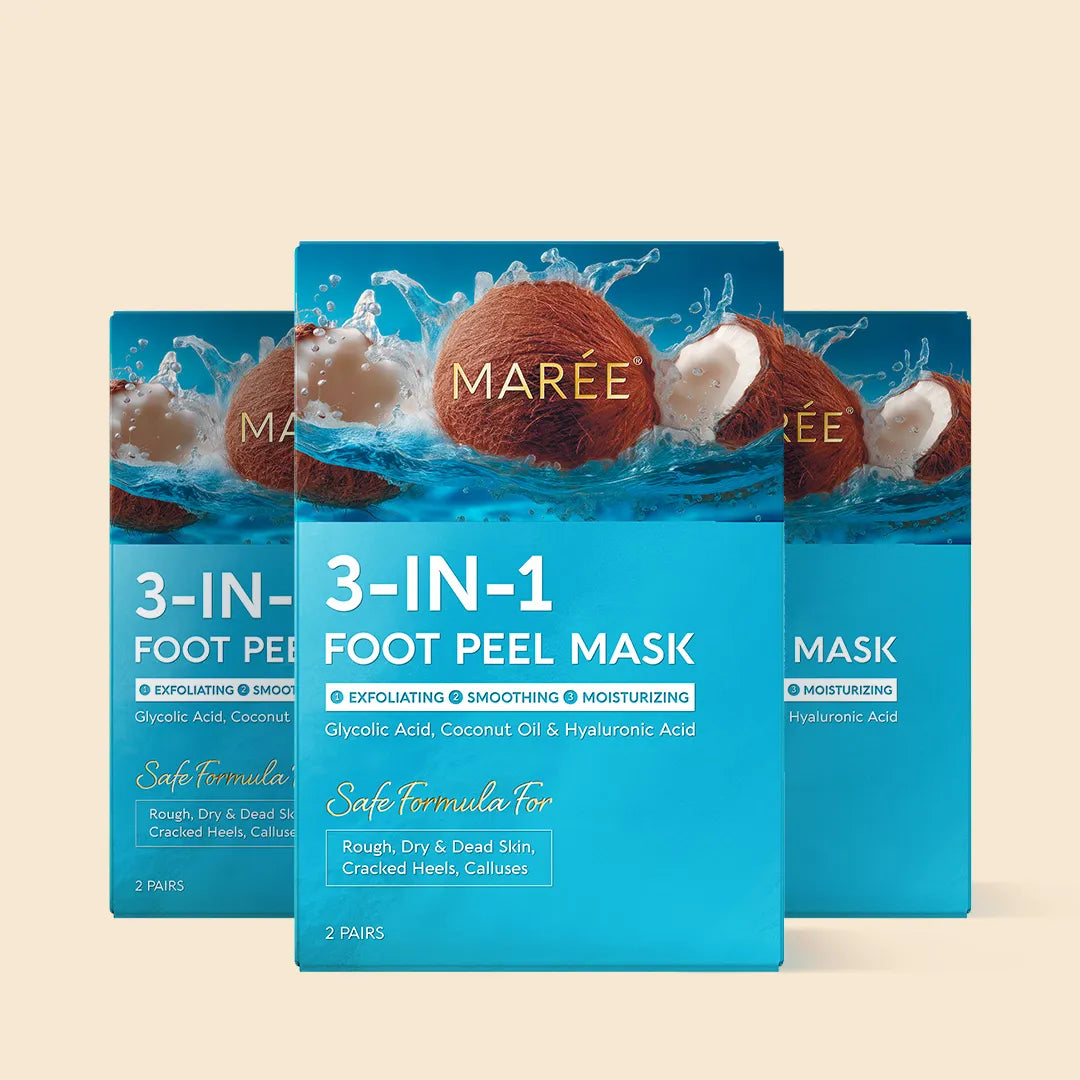 Maree exfoliating and hydrating foot mask in a clear peel-off mask container, showing the product ready for foot application.
