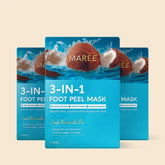 Maree exfoliating and hydrating foot mask in a clear peel-off mask container, showing the product ready for foot application.