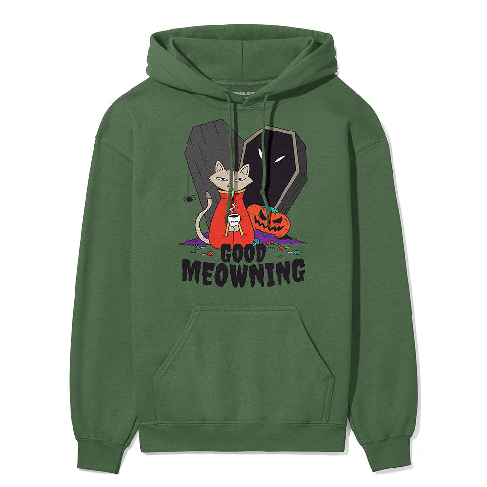Yūjin Clothing Good Meowning hoodie featuring a cozy design with a cat graphic and soft fabric in a casual fit