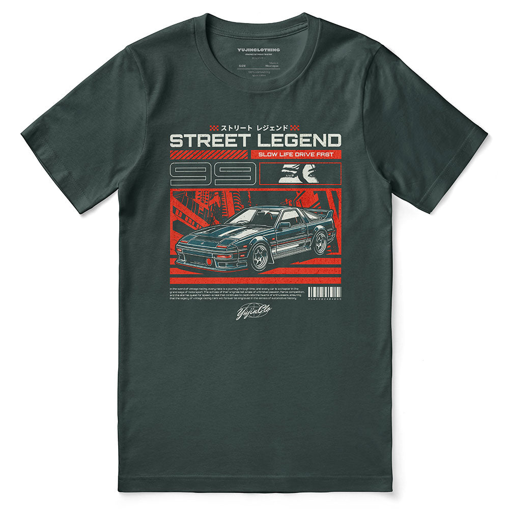 Yūjin Clothing Drive Fast Car T-Shirt featuring a bold graphic of a speeding car on a casual black T-shirt.