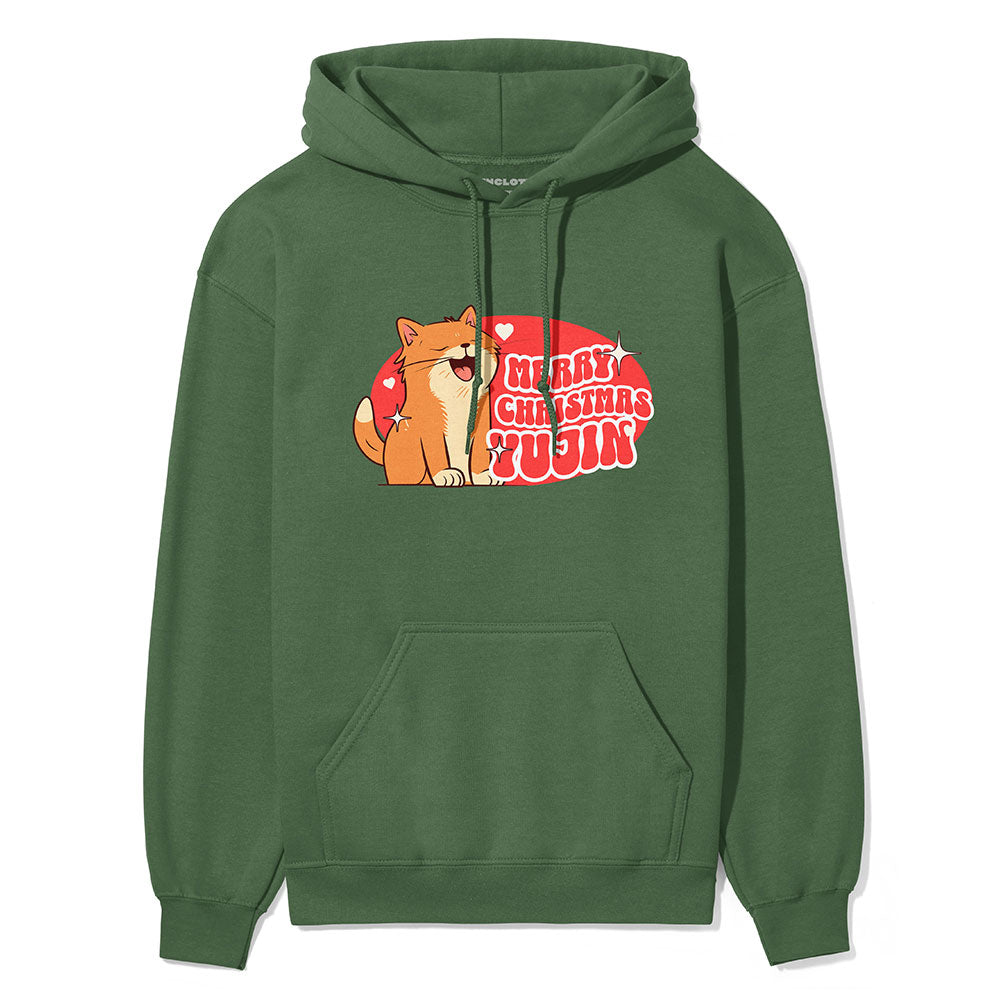 Yūjin Clothing Merry Christmas cat hoodie featuring festive holiday design and cozy fabric, perfect for celebrating the season.
