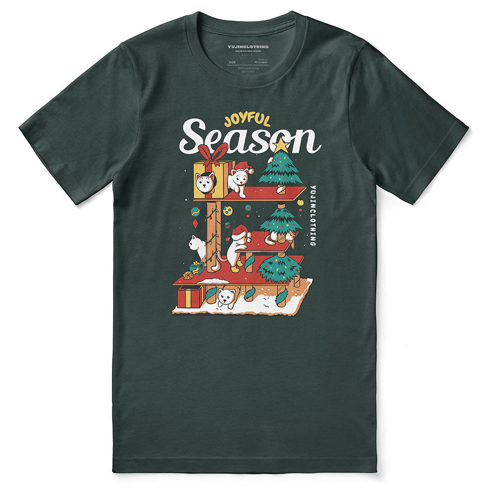Joyful Season T-Shirt by Yūjin Clothing featuring a vibrant, cheerful graphic design on a comfortable casual T-shirt.
